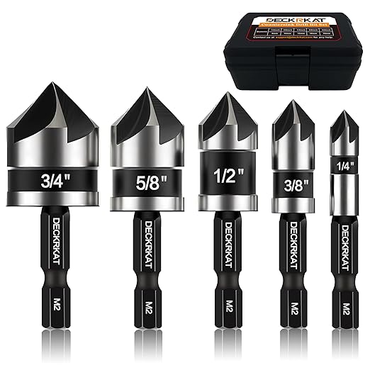 5 Pcs Countersink Drill Bit Set, Industrial Grade M2 High-Speed Steel, 82 Degree, 5 Flute with 1/4” Quick Change Hex Shank, 1/4" to 3/4" Size for Metal, Wood & Plastic - Includes Durable Case