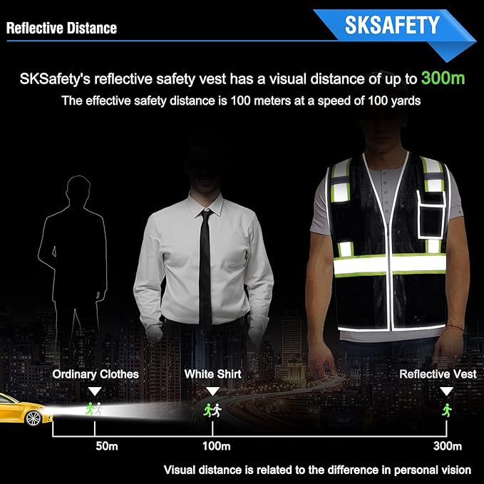 SKSAFETY 10 Pockets Safety Vest, Class 2 High Visibility Security with Zipper Double-sided mesh, Hi Vis Vest with Reflective Strips, ANSI/ISEA Standard, Construction Work Vest （Black, L）