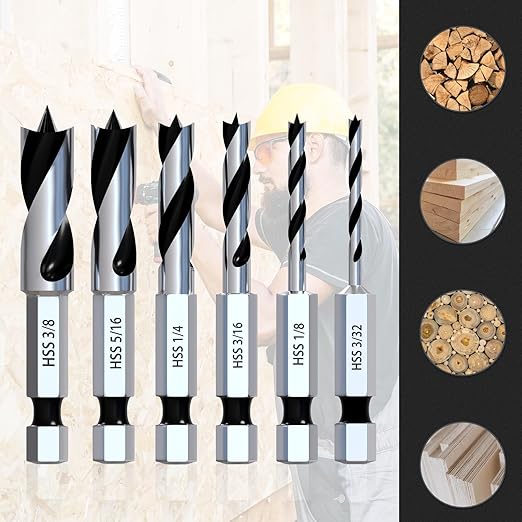 Stubby Brad Point Wood Drill Bit Set, 6pcs Hex Shank Short Length Drill Bit Set with Double Flutes Design for Carpenter Woodworking and All Types of Wood (3/32" - 3/8")