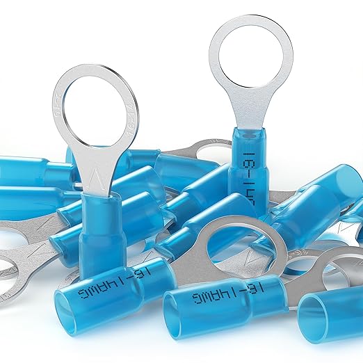 AIRIC 16-14 AWG - 3/8" Heat Shrink Ring Terminals, Copper Terminal Connector Ends, Battery Cable End Lugs, Blue Insulated Electrical Crimp Wiring Connectors, Wire Lug for 16, 14 Gauge Wires, 100 PCS