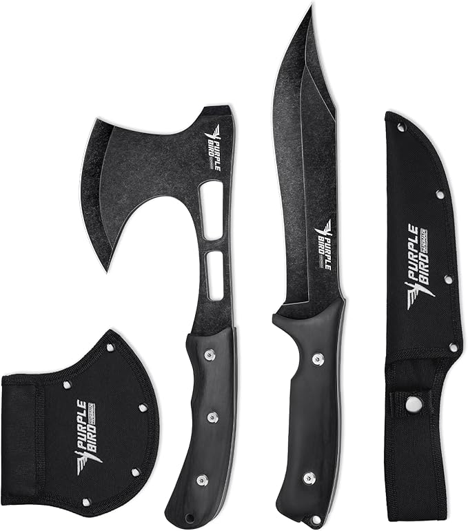 PURPLEBIRD Survival Axe and Fixed Blade Knife Set, Full-Tang Camping Hatchet & Hunting Knife with Leather Sheath, Lightweight Wood Handle Gift Ready