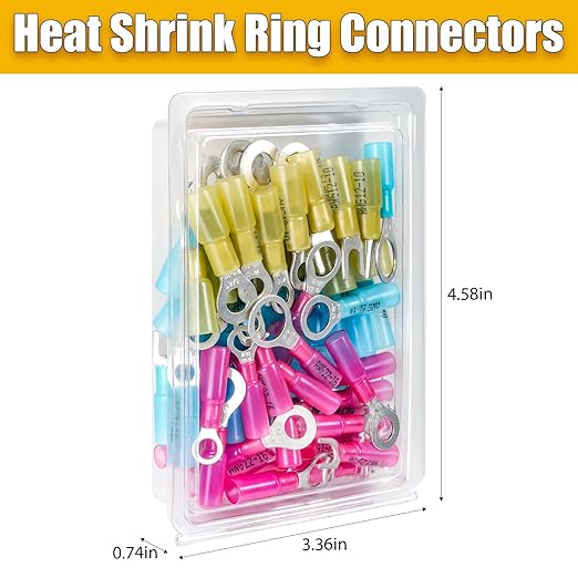65PCS Marine Grade Heat Shrink Wire Connectors-Electrical Connectors Kit of Tinned Red Copper,Crimp Insulated Ring Fork Spade Butt Splice AWG22-16 16-14 12-10 Gauge (65pcs Kit, AWG 22-10)
