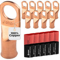 SELTERM 10pcs - 1/0 Awg - 1/2" Stud - Battery Lugs - Ring Terminal Connectors | with 12pcs 3:1 Black & Red Heat Shrink Tubing with Adhesive | Heavy Duty Battery Cable Ends - Bare Copper Wire Lugs Kit
