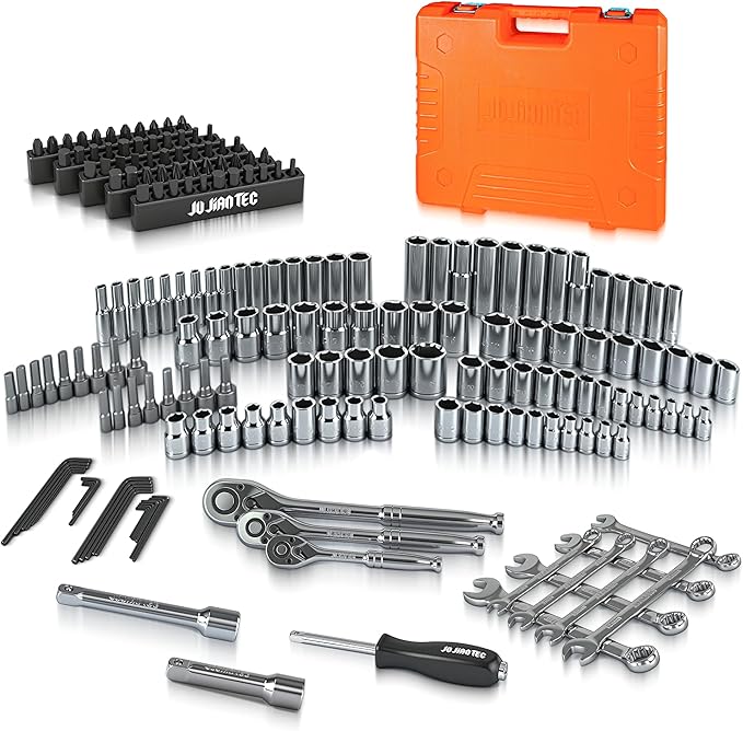 201-Piece Mechanics Tools Set, SAE & Metric Impact Socket Set, 1/2'', 1/4'', 3/8'' Drive, with Ratchet Wrench & Extension, Premium CRV Alloy Steel, with Molded Case