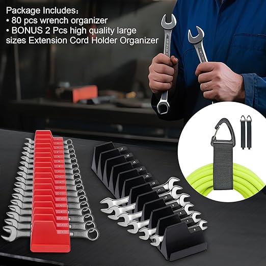 80 Pcs Magnetic Wrench Organizer - Tool Modular Customizable Wrench Holder for Tool Box Widget,Wrench Rack for Tool Drawer Storage,Extension Cord Holder Organizer Inksilvereye (Black-Red)