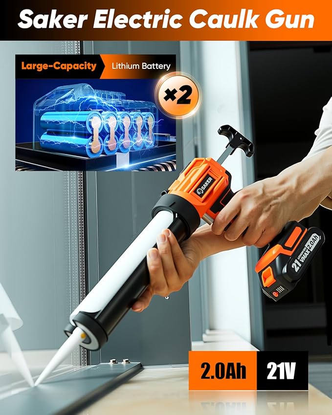 Saker Electric Caulking Gun Cordless Caulk Gun Drip-free with Silicone Caulking Tools 4 Adjustable Speeds with LED Light for Filling, Sealing 1 Batteries