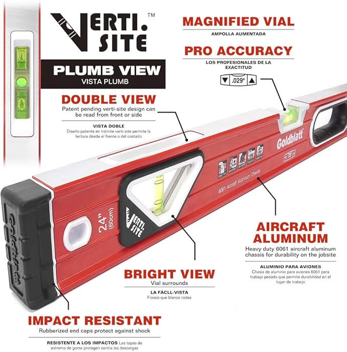 Goldblatt 3-Piece Torpedo Level Set - 9", 24", 48" Spirit Level Included, Aluminum Alloy Construction