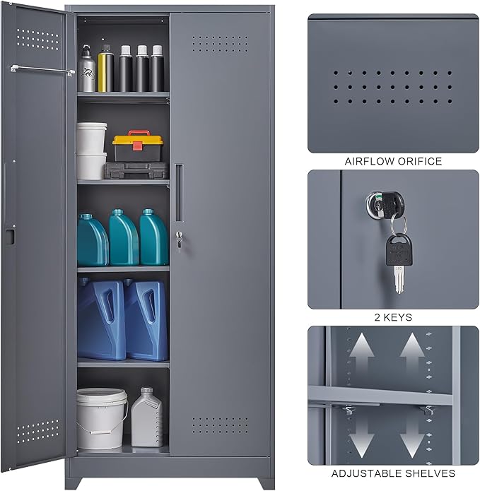 72.8" H Metal Storage Cabinet with Lockable Doors, Functional Garage Storage Cabinets, Cleaning Supply Tool Cabinets with Removable Pegboard Hanging Rod & S-Hooks, Grey