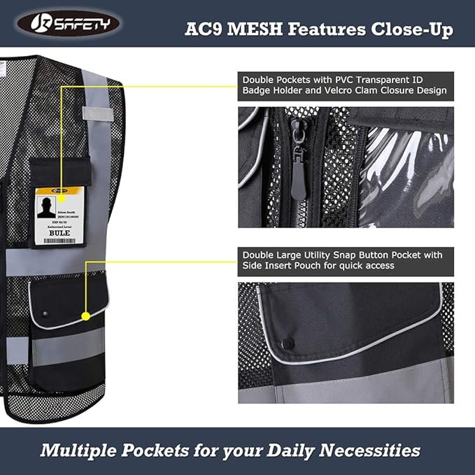 JKSafety 9 Pockets High Visibility Zipper Front Safety Vest With Reflective Strips,HQ Breathable Mesh, Oxford Fabric for pocket materials. Black Meets ANSI/ISEA Standards (XX-Large, 110-Black)