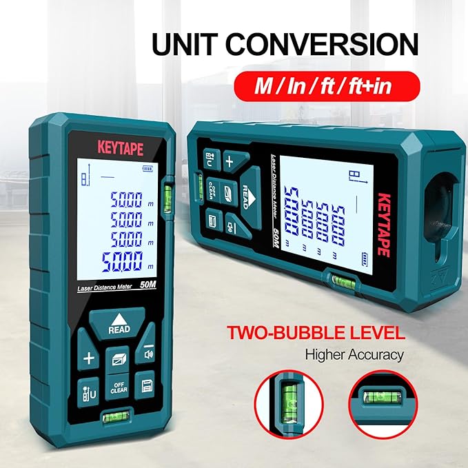 Distance Measuring Laser 165ft KEYTAPE Multifunction Measure Laser Ruler, Upgraded M/in/FT/FT+in Unit Switching Backlit LCD and Pythagorean Mode, DT50 Portable Handle Laser Distance Measurement Tool