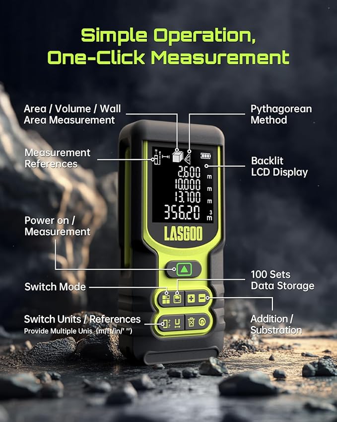 Laser Measure, LASGOO 60m/197ft Laser Measurement Tool, Laser Distance Meter with Ft/in/M Multiple Units, LCD Backlit Display, Pythagorean Mode, Area and Volume, Battery Included