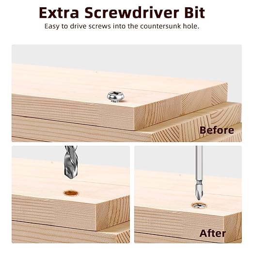 Countersink Drill Bit Set, Upgraded Larger Depth Stop, 5 PCS Replaceable HSS M2 Tapered Head, a Screwdriver Bit and a Wrench, 1/4" Hex Shank Counter Sink Drill Bit for Wood