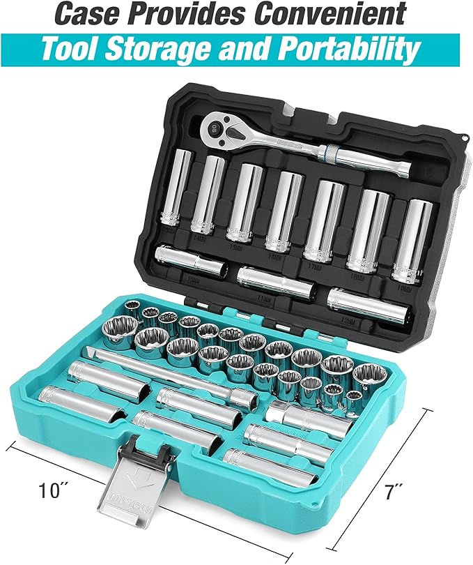 DURATECH 3/8" Drive Socket Set, 40 Piece Tool Set Including Standard (SAE) and Metric Sockets, 90-Tooth Ratchet Handle and Extension Bar