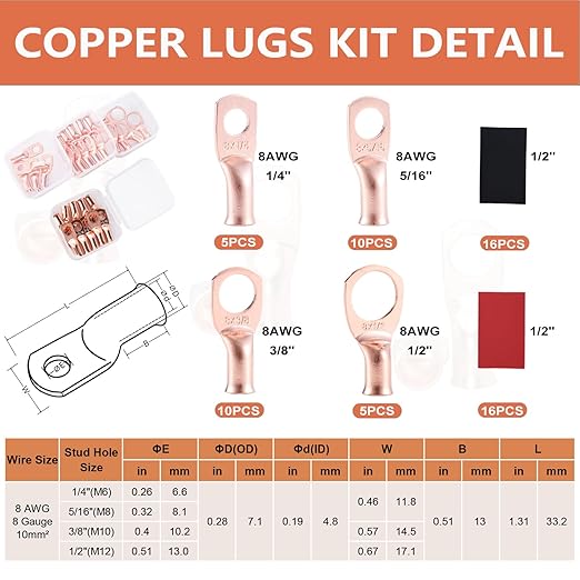 62PCS 8 AWG Ring Terminal Connectors Battery Copper Wire Lugs 8 Gauge 5/16", 3/8", 1/4", 1/2" with Heat Shrink Tubing Set, 30Pcs Battery Cable Ends and 32PCS Heat Shrink Tubing