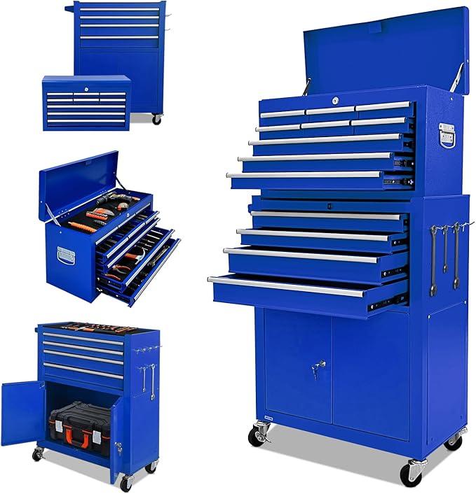 13 Drawers Rolling Tool Chest with Double Door Handle,Large Capacity Tool Storage Cabinet With Drawers, Locking Mechanical Tool Cart With Liner,Portable Tool Box For Repair Workhop (Blue)