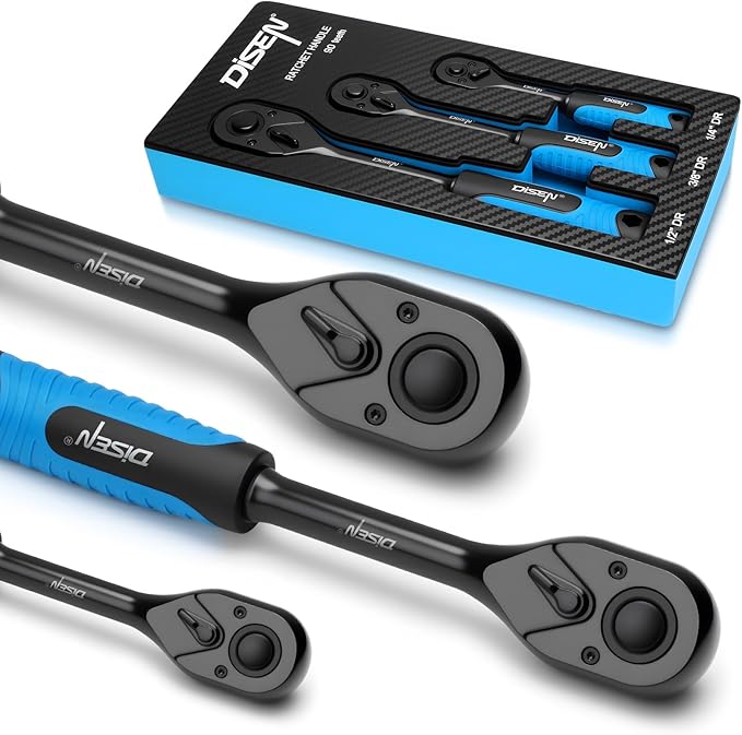 DISEN 3pcs Black Ratchet Set (1/2", 3/8", 1/4" Drive) - 90-Tooth Reversible with Non-Slip Rubber Grip, Quick Release & EVA Tray - Professional Ratchet Wrench Handle Kit