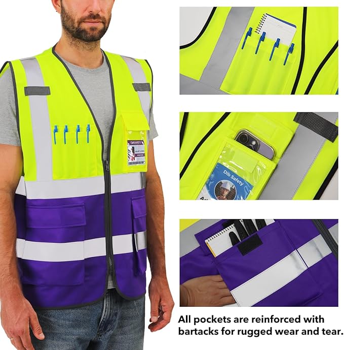Dib Safety Reflective Vest High Visibility with Pockets and Zipper, Yellow and Purple M