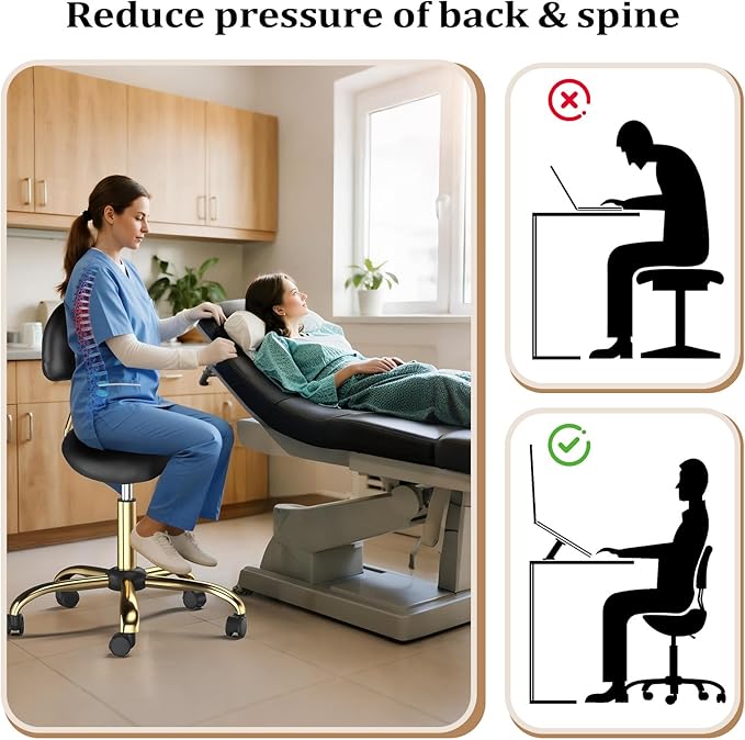 OmySalon Drafting Chair,Ergonomic Saddle Stool with Back Support,Tall Adjustable Rolling Stool with Thick Seat Cushion, Office Computer Chair for Salon Barber Spa Home Bar, Black Gold