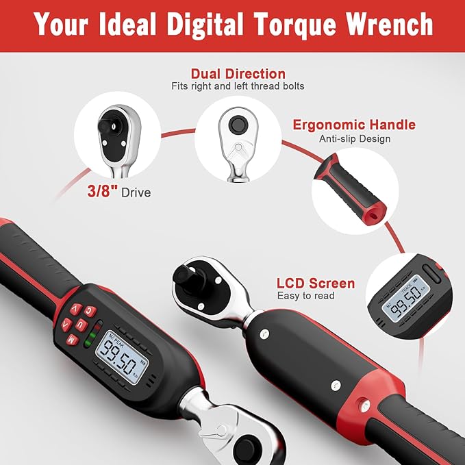 Digital Torque Wrench 3/8 Inch drive(5-99.5 ft-lbs./6.8-135Nm), ±2% Torque Accuracy, Electronic Torque Wrench with Preset Value, Buzzer and LED Notification for Automotive Motorcycle & Bicycle
