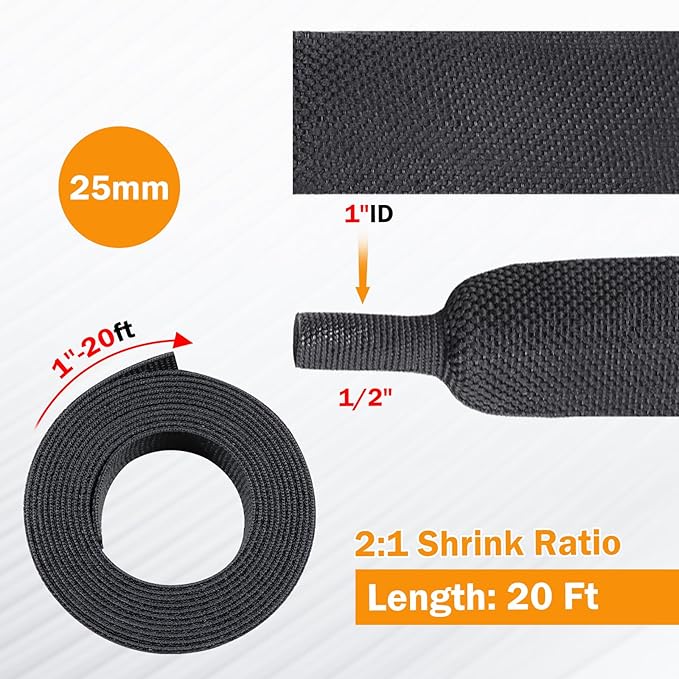 2:1 Ratio Flat Heat Shrinkable Braided Sleeving,Electrical Insulating Tubing,Durable Automotive Fabric Harness Shrinking Sheath (1"-20ft)