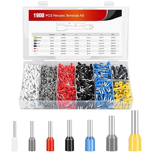 Nilight 1900PCS Wire Ferrule Terminals Kit AWG 22 20 18 16 14 12 10 Gauge Crimp Connectors Nylon Insulated Pin Cord End Insert Type for Single Double Electric