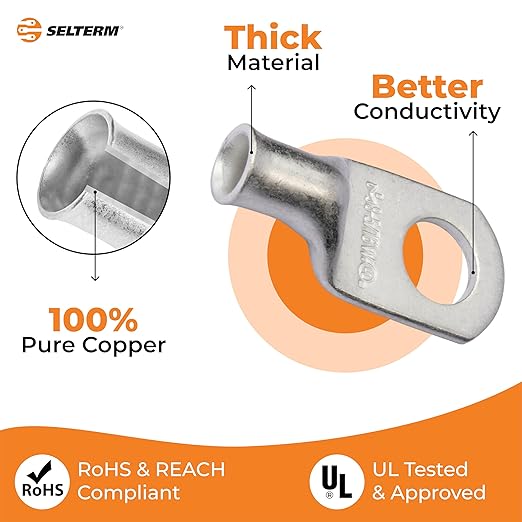 SELTERM 2pcs 8 AWG 5/16" Stud (Wide Pad) Tinned Copper Wire Lugs, Ring Terminals, Battery Cable Ends, 8 Gauge Ring Terminal Connectors, UL Marine Grade Battery Terminal Connectors