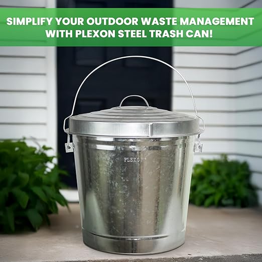 Plexon Metal Trash Can with Locking Lid Outdoor Storage Bucket for Bird Seed Ash Galvanized Steel 10-Gallon 2 Pack