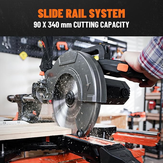 Updated 10-Inch Sliding Miter Saw, Multi-Material Cutting w/ 3 x TCT Blades, Ambidextrous Operation, 5000/3200RPM Speed, Laser Guide, 0-45° Bevel Cut, Max Cut 3.5x13.4in, 9 Positive Stops