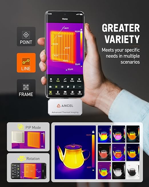 ANCEL IR101 Thermal Imaging Camera for Android (USB-C) Smartphones - 512x384 IR Resolution, 25Hz Frame Rate Infrared Camera, 0.24W Low-Power Accurate Thermal Imager for Home HVAC Plumbing Inspection