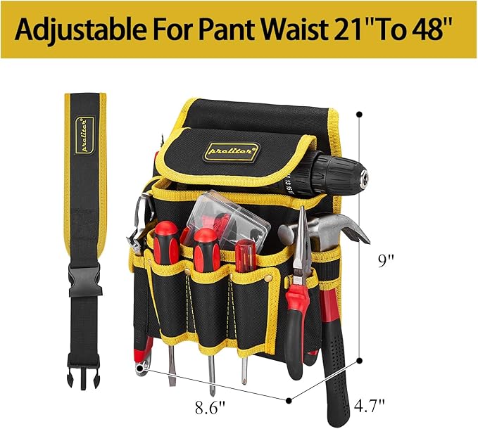 Tool Pouch with Belt, 9 Pocket Heavy Duty Tool Belt, Waterproof Electrician Tool Pouch,Utility Belt Single Side Belt Pouch for Electrician/Carpenter/Construction (Black Yellow)