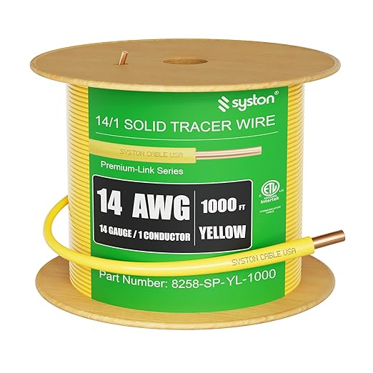 14 AWG Tracer Wire 600V 100% Solid Copper Conductor Direct Burial Underground, Yellow Tracer Wire for Locating Underground Pipes and Lines Gas Electrical Wire Water Sewer Pipe and Fiber Optic, 1000 FT