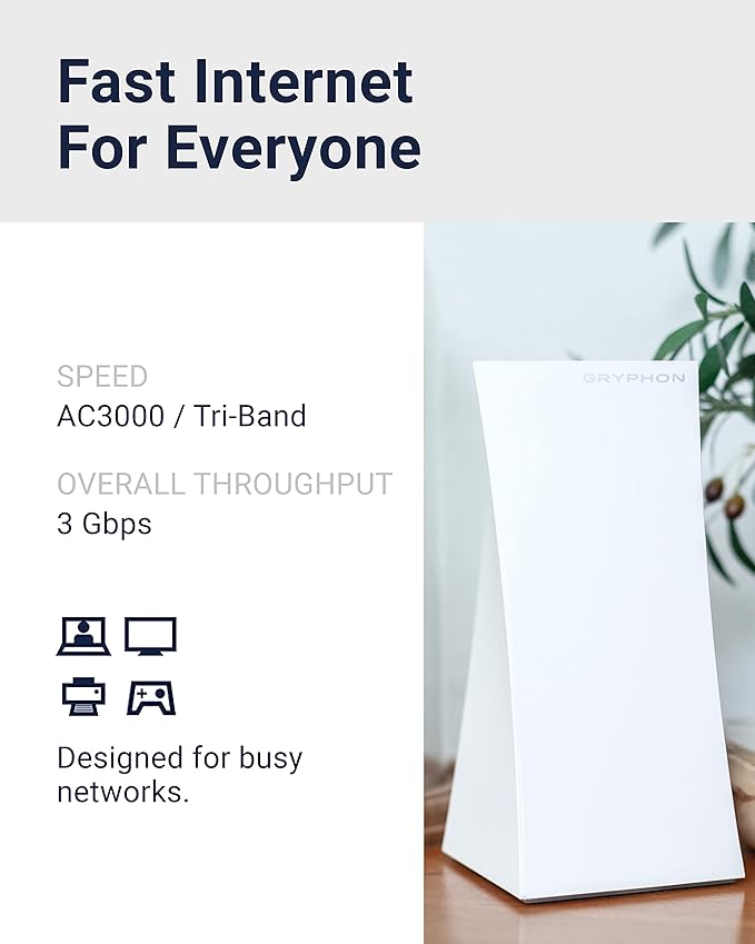 Gryphon Tower Super-Fast Mesh WiFi Router 2-Pack – Advanced Firewall Security, Parental Controls, and Content Filters – Tri-Band 3 Gbps, 6000 sq. ft. Full Home Coverage per Mesh Router