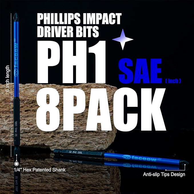 8 PCS #1 Impact Phillips Head Driver Bits, Magnetic 6" S2 Steel PH1 Bits, Phillips Screwdriver Bits Set, 1/4 Hex Shank Screws Bits Set, CNC Machined #1 Phillips Bits for Impact Drills