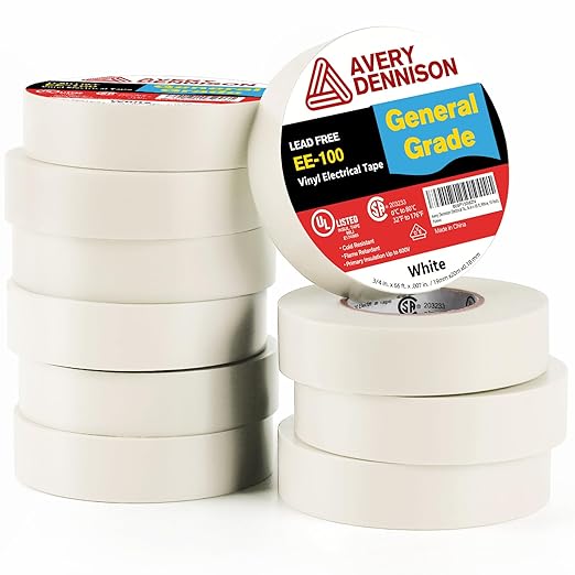 Avery Dennison Electrical Tape, 10 Rolls General Use PVC Electric Tape, UL/CSA Listed ¾ in x 66 ft Insulating Vinyl Tape for Electrical, Repairs, Automotive and Equipment, EE-100, White