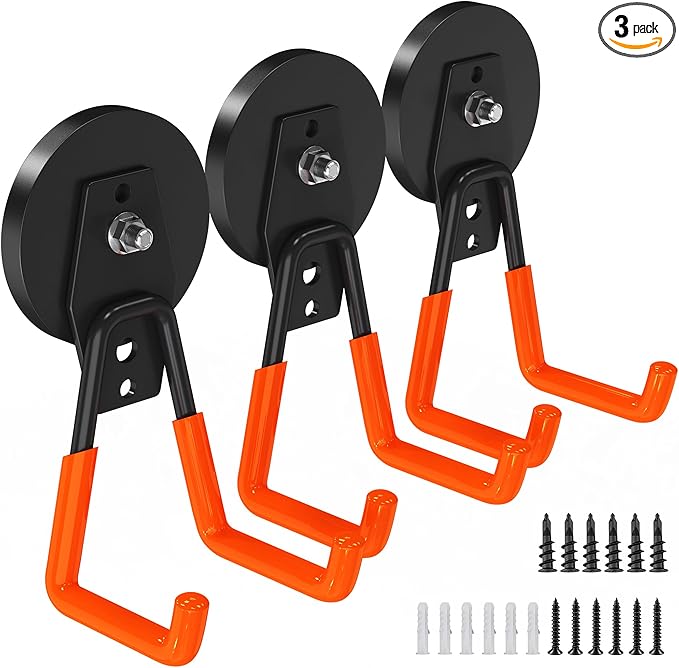 3Pcs Large Magnetic Hooks Heavy Duty for Garage, Magnet Hooks for Hanging Heavy Duty, Strong Magnet Storage Hooks for Hanging Garage Tools& Garden Tools