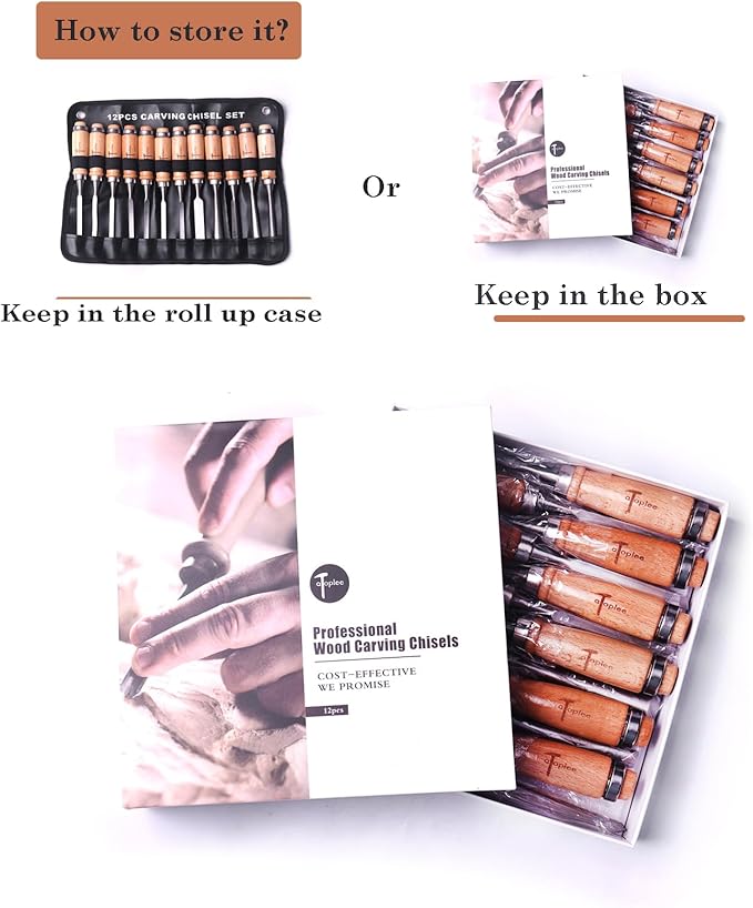 ATOPLEE 12pcs Wood Carving Tools for Woodworking,Professional Wood Chisel Set with Premium Case and Roll Up Bags for Carpenter Craftsman Gift in Most Wood Carving Project