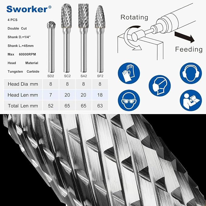 4Pcs Carbide Burr Set 1/4 Shank w/Clear Box Head Dia 8mm Die Grinder Bits Rotary Tools Attachment Kit Rasp File Accessories Metal Wood Stone Steel Grinding Deburring Cutting Porting Carving