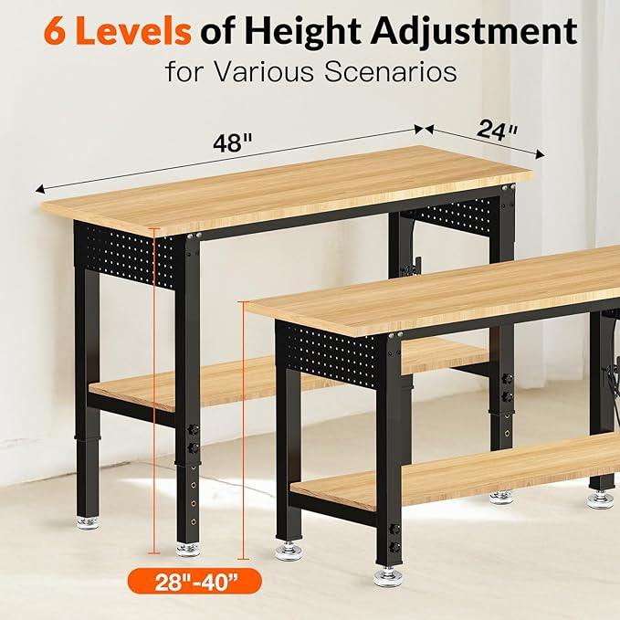Adjustable Height Work Bench 48×24 Workbench for Garage with Under Table Shelf Heavy Duty Rubber Wood Work Table for Shop Woodworking, Office, Home, Commercial