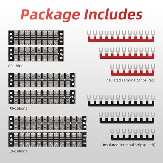 APIELE 25A Screw Terminal Block Covered 8/10/12 Position Dual Row 600V Pre-Insulated Terminal Barrier Strip (6PCS 25A 8P/10P/12P+6PCS Wiring Strips)