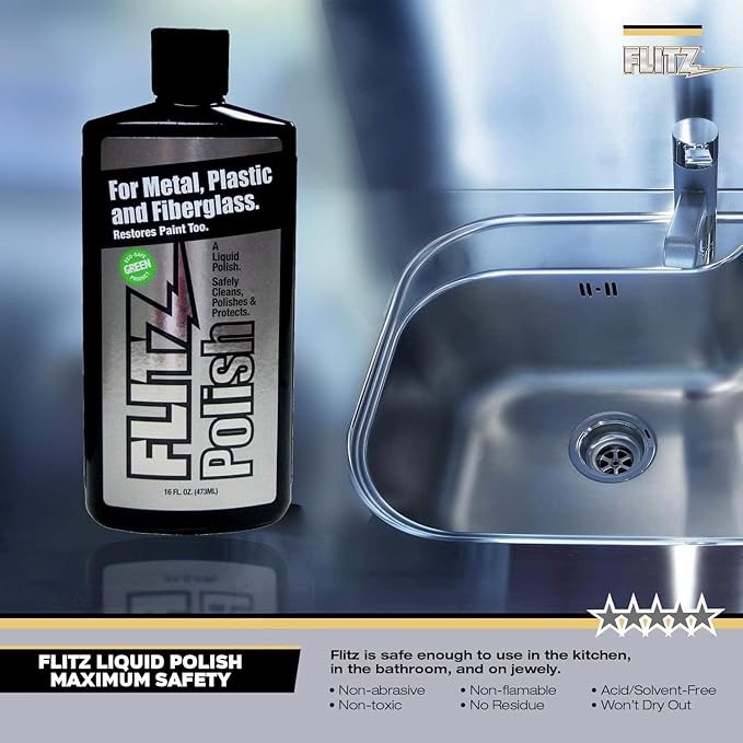 Flitz Multi Purpose Metal Polish Liquid - 7.6oz Bottle of USA-Made Tarnish Remover - For Aluminum, Chrome, Brass, Nickel, Silver - Non-Abrasive Metal Cleaner and Polish, Restorer (6 Pack)