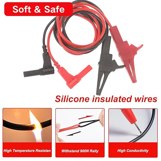 4PCS Heavy Duty Alligator Clips Test Leads, 18AWG Multimeter Alligator Clips Test Leads to Right Angle 4mm Banana Plug for Multimeter & Voltmeter, 3Ft 600V/1000V, Double Insulated ﻿ ﻿