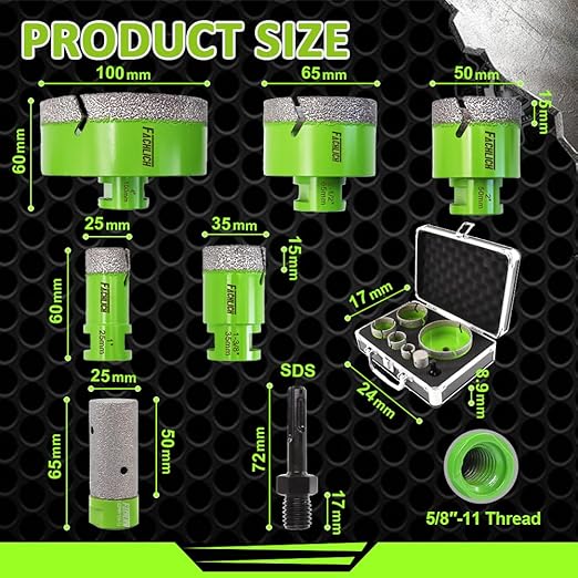 Diamond Core Drill Bits Set - 25/35/50/65/100mm+25F+SDS Tile Hole Saw Kit for Porcelain Ceramic Tile Granite Marble(7PCS)
