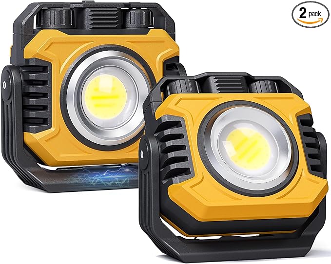 Samyoung 2 Pack 2400LM Magnetic Rechargeable Work Light, 28 Hours Long Lasting Stepless 2700-8000K White & Warm Bright Portable LED Work Light, Ultralight 360°Rotating with Hook(Yellow)