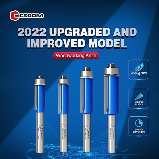 CSOOM 4PCS Professional Flush Trim Router Bits 1/4" Shank, Top Bearing Flush Trim Router Bit，Cutting Heights of 3/4“, 1”, 1-3/16“, 1-3/16”