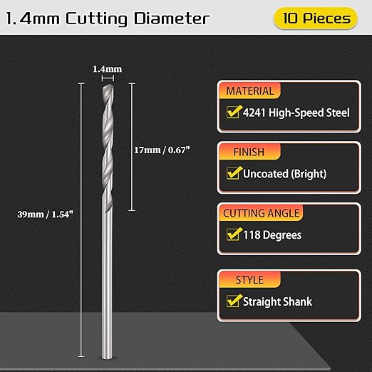 Drill Bit, 1.4mm Cutting Diameter, 4241 HSS 118° Cutting Angle Uncoated Bright Versatile Jobber Bits - (Applications: for Drilling Plastic Wood Soft Metal), 10-Pieces
