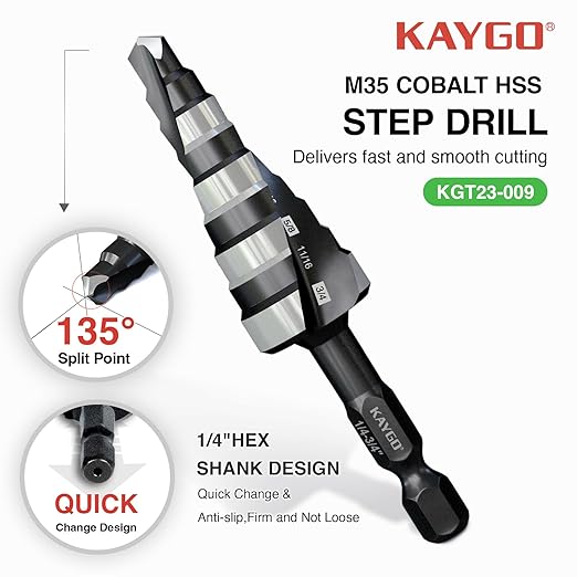 KAYGO M35 Step Drill Bit for Metal,1/4 to 3/4 inch Step Drill Bits for Stainless Steel Aluminum Wood Plastic,1/4 inch Hex Shank,Spriral Drouble-Fluted