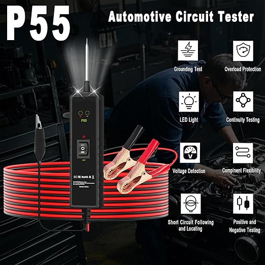 Power Circuit Probe Tester 12V-24V DC Test Light,Car Fuse Tester Tool Short Circuit Located,Auto Electrical Tester Kit Component Polarity Identify with Overload Protection,P55 Auto Test Probe