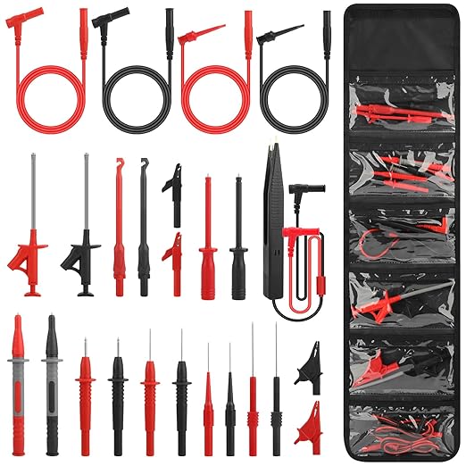 Linkstyle 25PCS Multimeter Test Leads Kit with Replaceable Wire Piercing Probes, Alligator Clips, Test Hook Clips, Tweezer for Digital Electrical Multimeter Testing