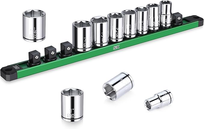 SK 1/2" Drive Socket Set, SAE Sockets, 11-Piece 7/16" to 1-1/16", SuperKrome Finish, Premium CR-V Construction, with Aluminum Socket Organizer