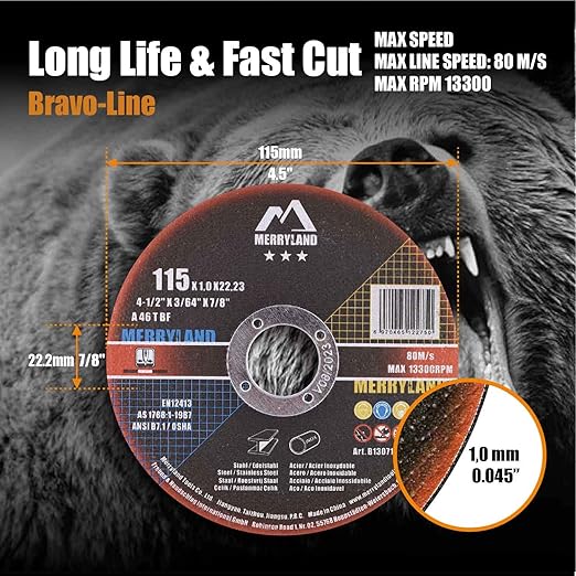 Merryland Cut Off Wheel 4 1/2 inch for Angle Grinder, Metal Cutting Wheel 4.5 X .045 X 7/8 Ultra Thin 25 Pack, Iron Stainless Steel Cutting Disc, Bravo-Line B13071042